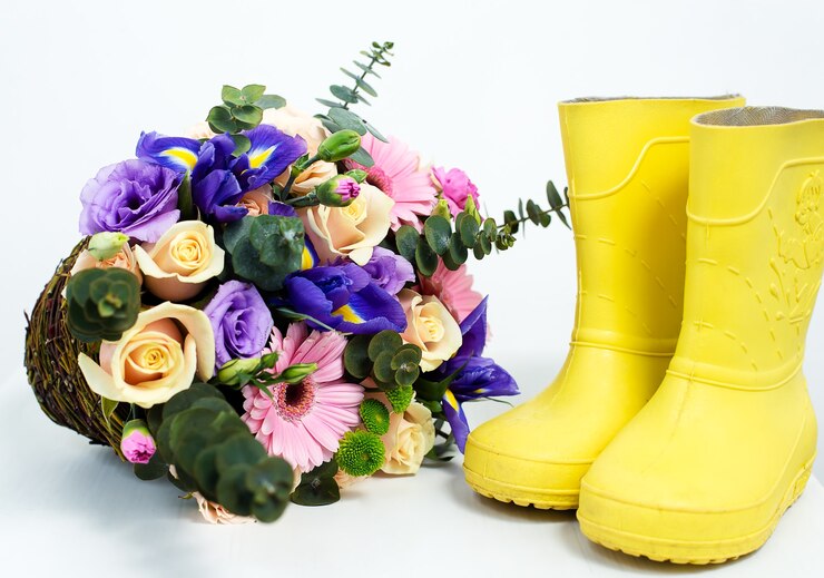 Foto flores da primavera e botas amarelas