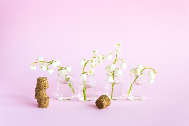 Flores da primavera em fundo branco lírio do vale Lírios florescentes em pequenos vasos de vidro