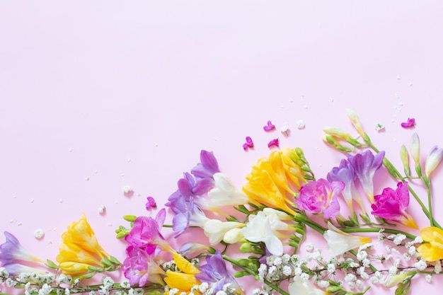 Flores da primavera em fundo rosa pastel