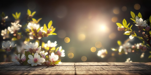 Flores da primavera na mesa de madeira no jardim com luzes Bokeh e efeito de reflexo sem desfoque no espaço da cópia
