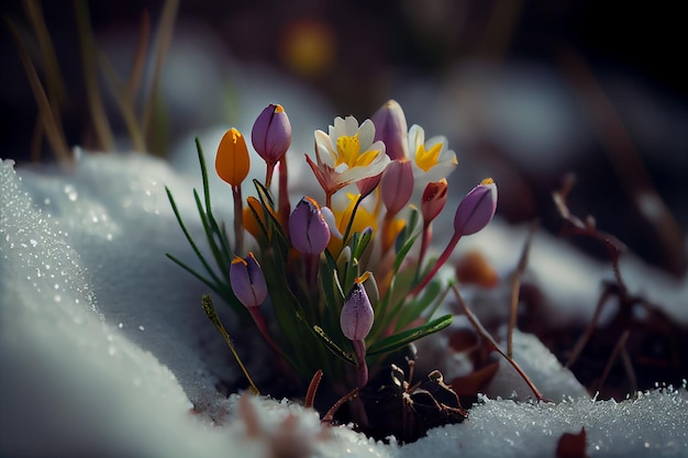 Flores da primavera na neve ilustração Generative AI