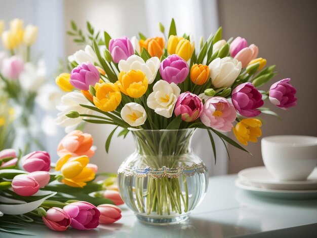 Flores da Primavera Um bouquet moderno com freesias Ranunculus e mais