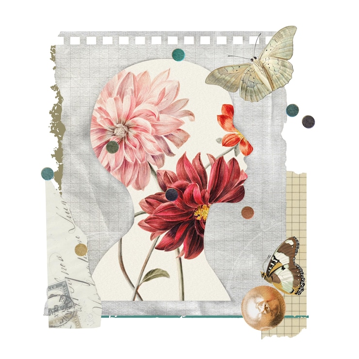 Foto flores de dahlia pegatina png nota de collage de papel con silueta de cabeza humana en un fondo transparente