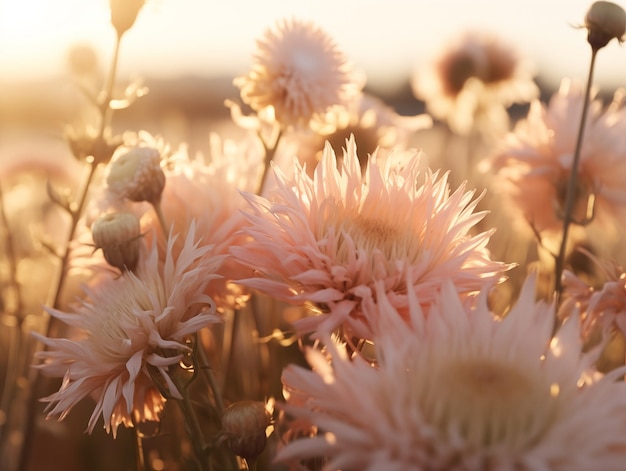 Las flores de dalia pastel se empapan del cálido resplandor de una puesta de sol de verano