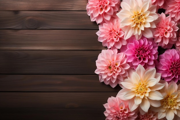 Flores de dalia sobre fondo de madera Floral Flat Lay AI generativo