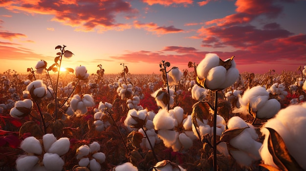 Foto flores de algodão e campo de fundo de pôr-do-sol branco