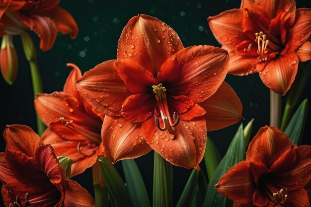 Foto flores de amaryllis vermelhas vibrantes com gotas de orvalho