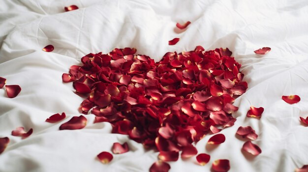 Flores de amor Um coração de pétalas de rosa em uma colcha branca minimalista
