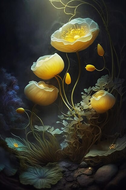 Flores de anêmona amarela de fantasia na névoa