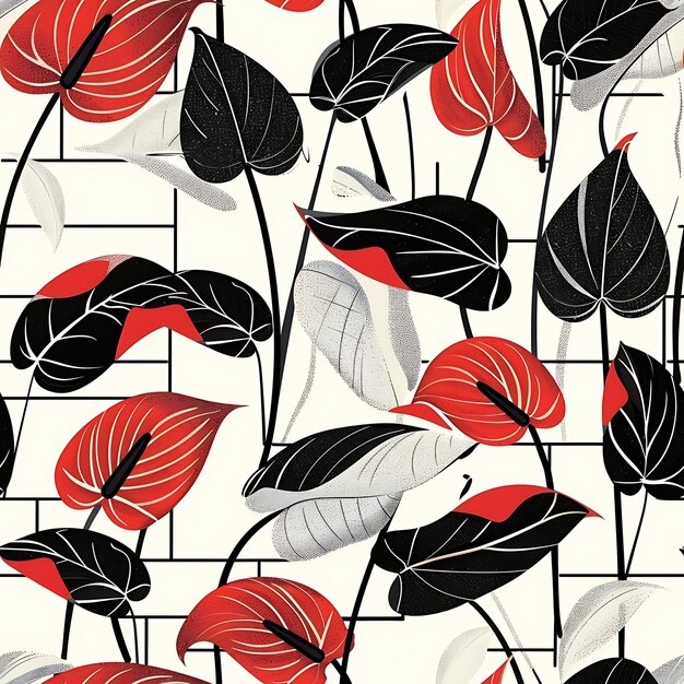 Flores de Anthurium com formas de preguiça limpas e padrões mínimos azulejos tinta de tatuagem artística sem costura