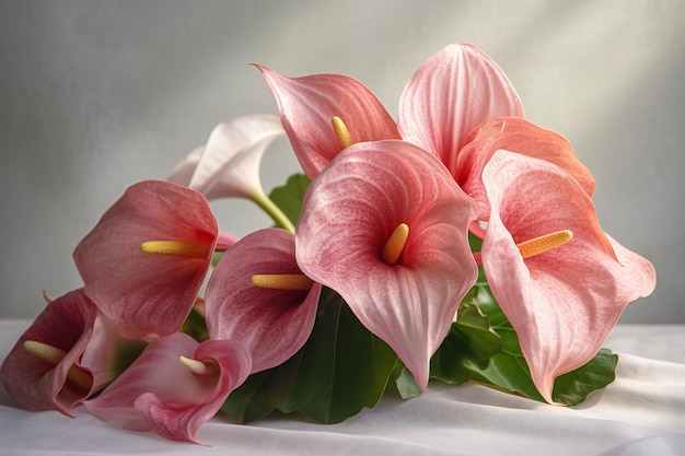 Flores de antúrio rosa em um fundo branco fecham