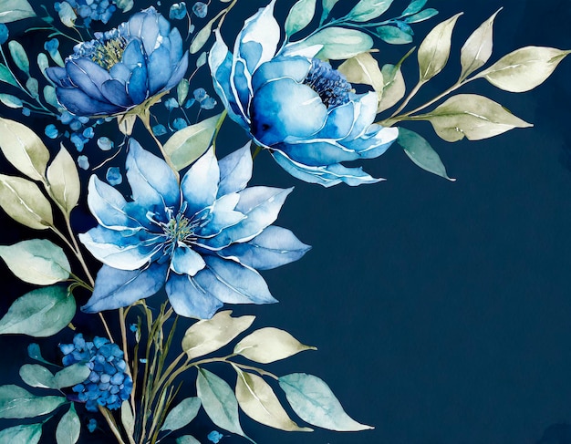 Flores de aquarela azul em um fundo marinho com copyspace