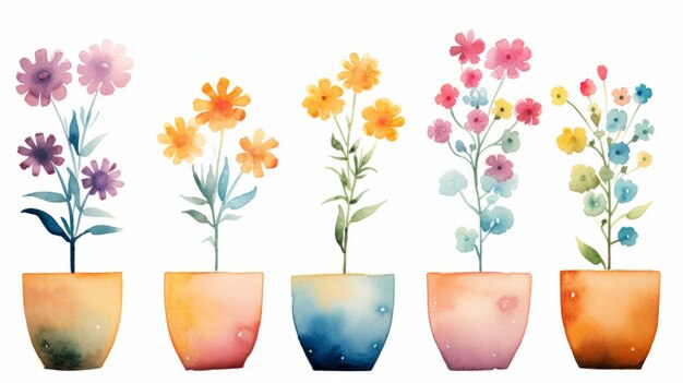 Foto flores de aquarela em vasos ilustração desenhada à mão para o seu projeto ia generativa
