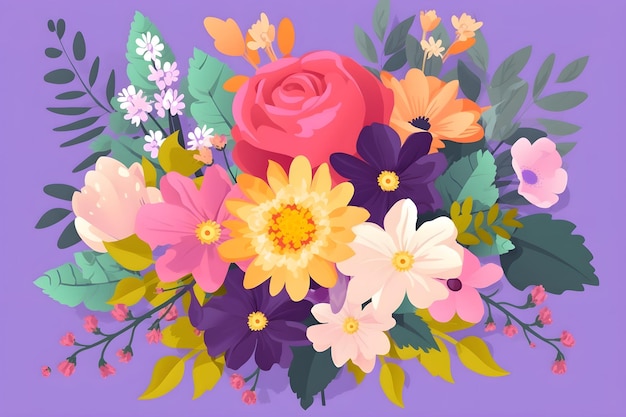 Flores de arranjo botânico de ilustração plana buquê floral festivo cores doces brilhantes em fundo lilás Mães felizes dia dos namorados conceito de feriado do dia das mulheres Ai gerado