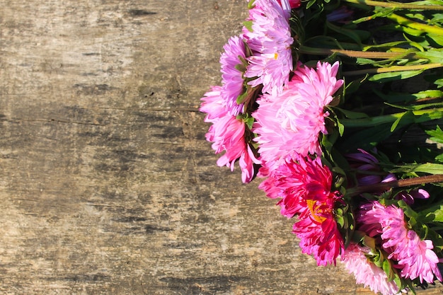 Flores de áster no fundo de madeira