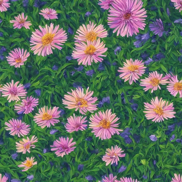 Flores de ásteres com folhas - pintura botânica de alta qualidade