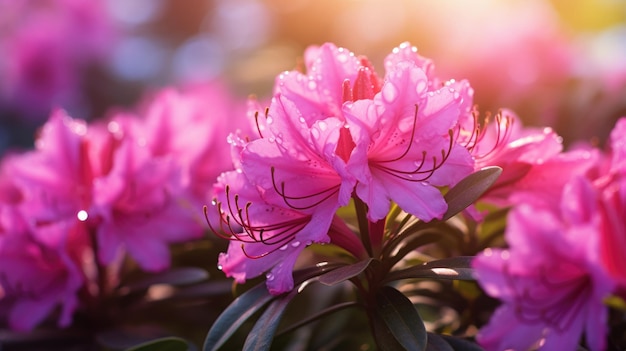 Flores de azalea rosa em floração com gotas de água iluminadas pela luz solar
