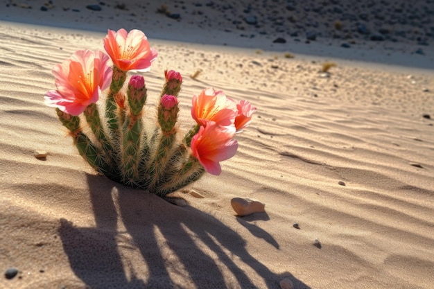 Flores de cactos lançando sombras na areia do deserto criadas com IA generativa