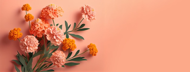 Flores de calêndula de primavera em vista superior de fundo rosa pastel em estilo plano leigo Saudação para o Dia das Mulheres ou das Mães ou Banner de Venda de Primavera Generativo Ai