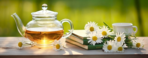 Flores de camomila reservam um bule de vidro e uma xícara de chá de ervas em uma mesa fechada IA generativa
