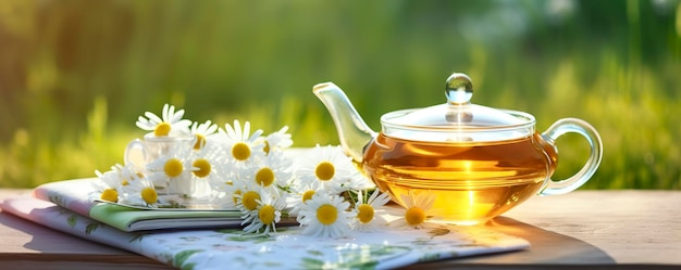Flores de camomila reservam um bule de vidro e uma xícara de chá de ervas em uma mesa fechada IA generativa