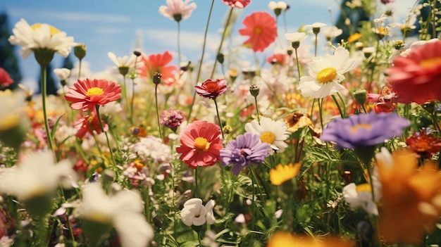 Flores de campo coloridas raios de luz do dia flores em flor um símbolo da primavera nova vida