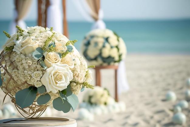 Flores de casamento arranjos de casamento e cerimônia de areia atenção seletiva