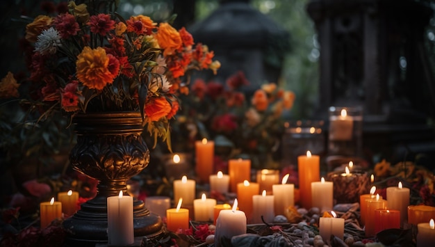 Flores de caveira do Dia dos Mortos e arranjo de velas