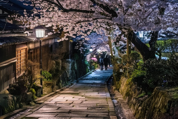 Flores de cereja à noite em Kyoto, Japão