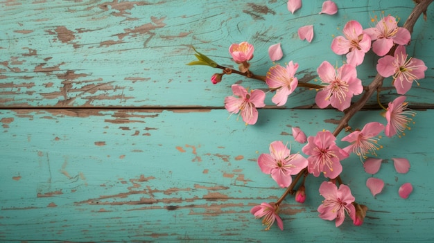 Foto flores de cereja rosa frescas em fundo de madeira verde pastel ia generativa