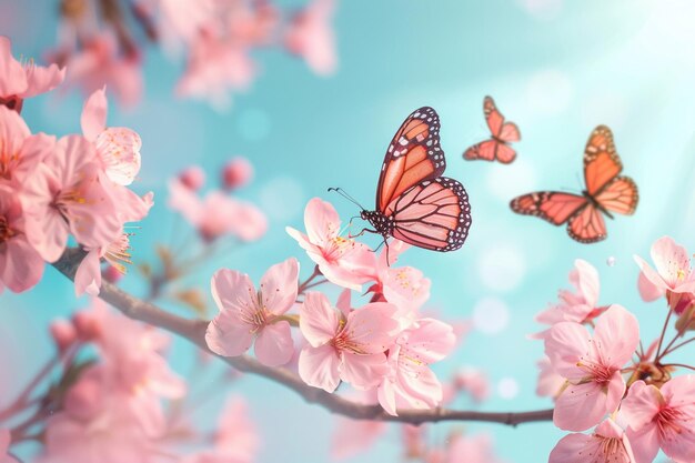 Flores de cereja rosa suave com borboletas voando em um quente