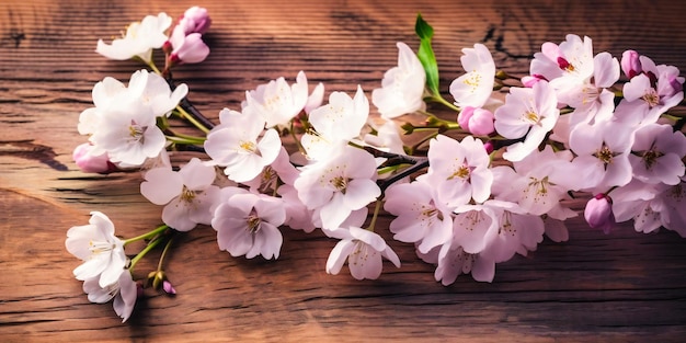 Flores de cerejeira brancas em um fundo de madeira pálido