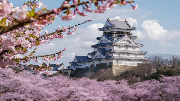 Flores de cerejeira e castelo em Himeji, Japão