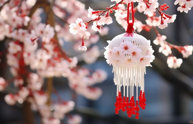 flores de cerejeira e lanternas chinesas penduradas na árvore