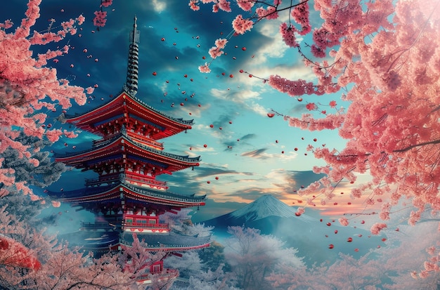 Foto flores de cerejeira e pagode com vista para o monte fuji