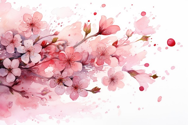 Flores de cerejeira e pétalas caindo em aquarela curvada
