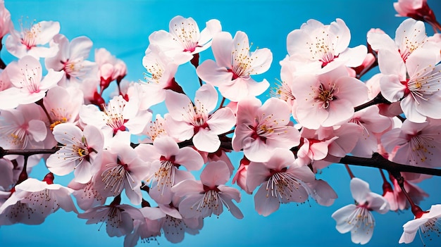 Flores de cerejeira em flor contra um fundo azul do céu