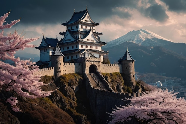 Foto flores de cerejeira em flor em um castelo japonês