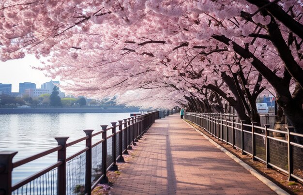 Foto flores de cerejeira em plena floração ao longo da margem do rio tóquio, japão