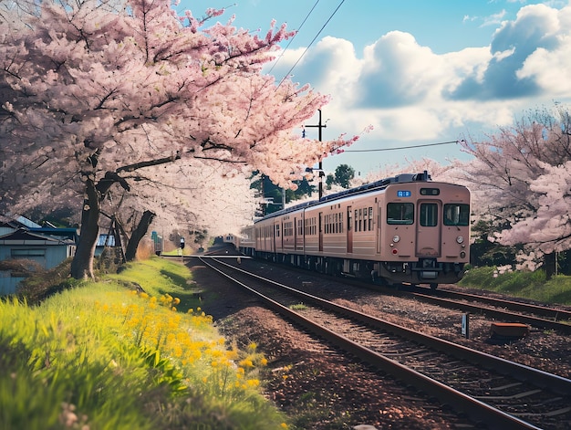 Flores de cerejeira em plena floração com um trem ao fundo