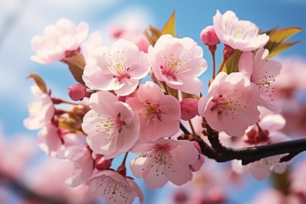 Flores de cerejeira em plena floração contra um cenário de céu de primavera