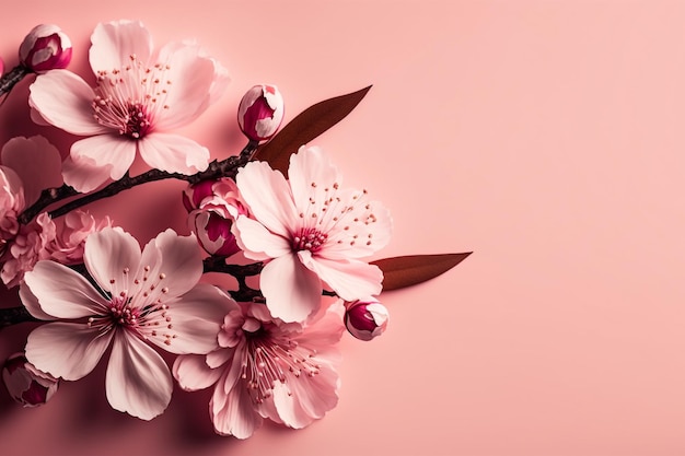 flores de cerejeira em plena floração em um espaço de cópia de fundo rosa