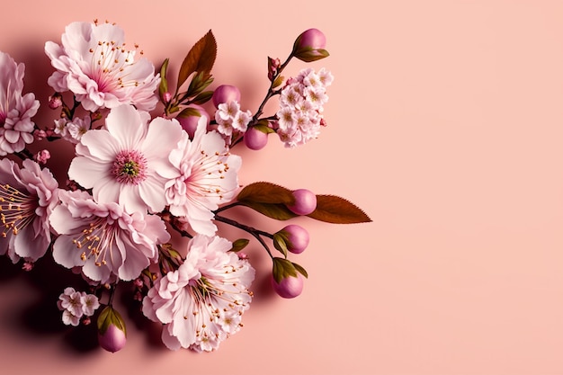 flores de cerejeira em plena floração em um espaço de cópia de fundo rosa