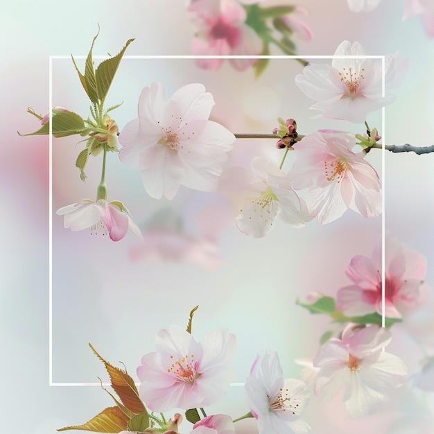 Flores de cerejeira etéreas em moldura branca de primavera com flores cor-de-rosa