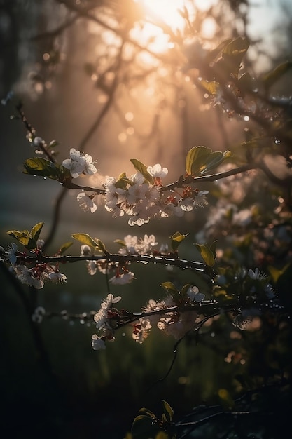 Flores de cerejeira florescendo em raios de sol fecham