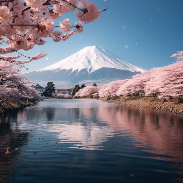 Foto flores de cerejeira japonesas emolduram o monte fuji no lago kawaguchiko para tamanho de postagem em mídia social