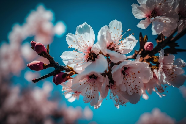 Flores de cerejeira na árvore contra o céu azul Generative AI