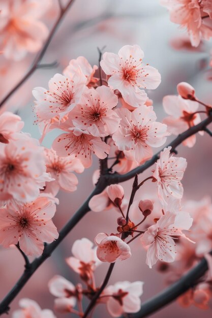 Flores de cerejeira rosa claro em plena floração em um ramo