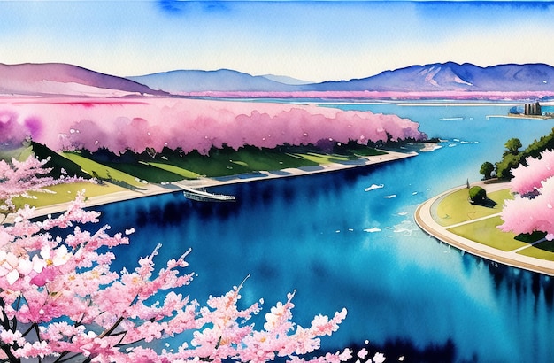 Flores de cerejeira rosa florescendo na primavera sakura tempo de páscoa paisagem gerada por ai para crianças histórias de livros contos de fadas