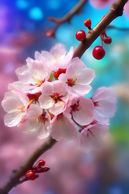 Foto flores de cerejeira rosas de sakura em fundo azul bokeh